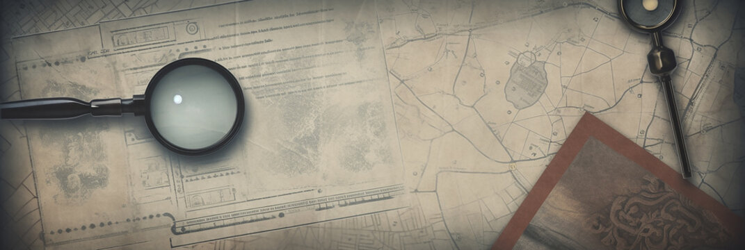 Vintage background on the theme of crime, police, detective, investigation. Banner. Magnifier. Old style. AI Generative