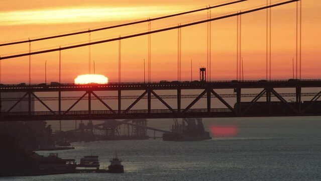 Sunset close up over the bridge with traffic