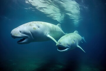 Playful Beluga Whales Swimming in Oceanic Depths - AI Generative