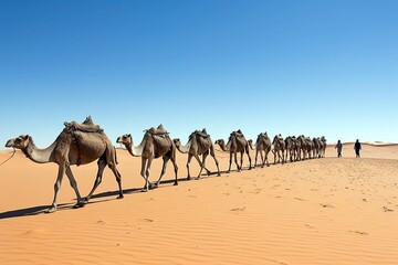 Fototapeta na wymiar Camel Caravan Traversing the Sandy Desert Landscape - AI Generative