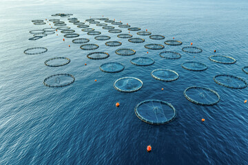 Offshore sea aquaculture cages fish farm, seafood industry. aerial view