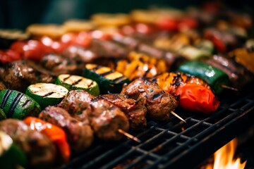 A vibrant summer BBQ party scene with the focus on sizzling meats grilling on the barbecue. The mouthwatering centerpiece delights with rich colors and textures. 