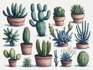 Glasschilderij Cactus in pot Set watercolor elements of Cactus potted on white background.Generative AI