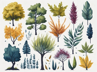 Set watercolor elements of tree on white background.  Generative AI