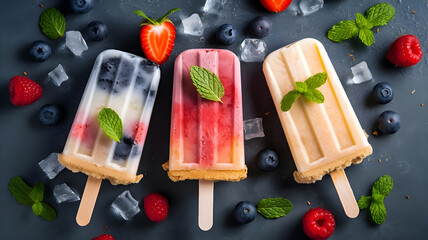 three ice cream with berry's and fruits on black background. Generative AI