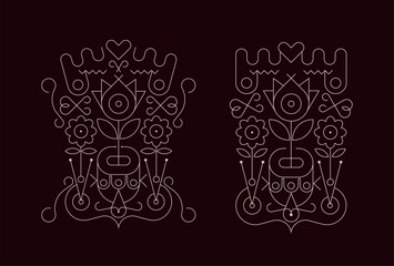 Two options of a white line art isolated on a dark brown background Abstract Floral Tattoo Design vector illustration.