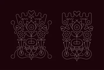 Deurstickers Two options of a white line art isolated on a dark brown background Abstract Floral Tattoo Design vector illustration. ©  danjazzia
