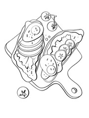 contour line illustration sketch food and drink breakfast bruschetta with egg and avocado vegetables on wooden board stylish print and sticker design element