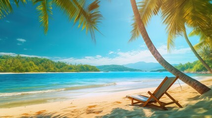 Obraz na płótnie Canvas Beautiful tropical beach and sea with chair on blue sky. Illustration AI Generative.