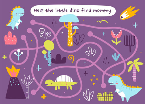 Mini labyrinth game with cute dinosaur mother and her baby dino. Jurassic maze with cartoon friendly tyrannosaurus for kids.