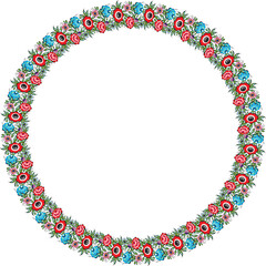 Vector color Round ethnic Russian national ornament. floral slavic circle, ring, pattern, border, frame. Gorodets painting. wreath.