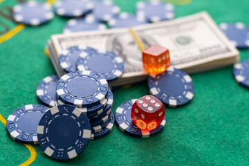 Poker combination with chips playing cards and win dollars in casino table. gambling