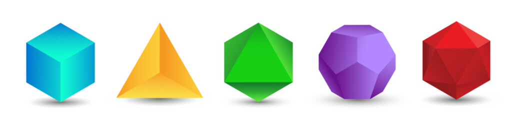 Set of colorful vector editable 3D platonic solids isolated on white background. Mathematical geometric figures such as cube, tetrahedron, octahedron, dodecahedron, icosahedron. Icon, logo, button.