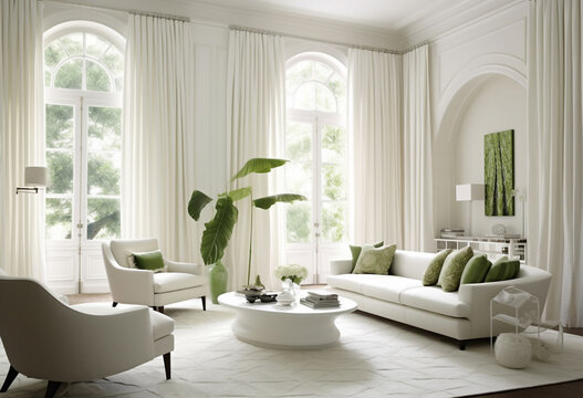 Elegant luxury modern living room, white bright tones, couch and large window. Generative AI 3D render home interior design