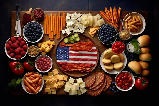 Thanksgiving Table, American Flag, Garnish Variation Of Vegetables Cold Cuts And Cheese, Wooden Table Set, No People. Generative AI