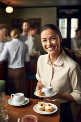 Nice and smiling waitress while working in a café. AI generativ.