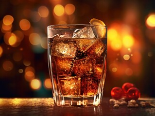 close-up of a glass of soft drink, ice tea or booze with ice cubes in front of blurred out background, generative ai