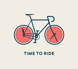 Vector simple  blue bicycle with analog clock instead of wheels. Text time to ride. 