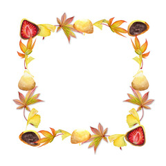 Watercolor hand drawn traditional Japanese sweets. Square frame of autumn wagashi with leaves. Isolated on white background. Design for invitations, restaurant menu, greeting cards, print, textile