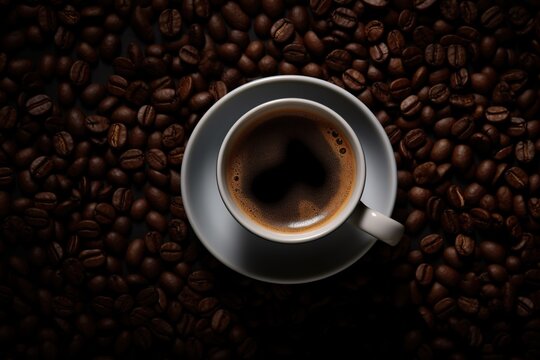 A cup of Espresso, close of view, seamless coffee beans background, overhead angle