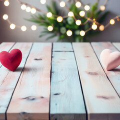 Selective focus, Pastel color wooden table top on blur soft focus valentines day themed background. For montage product display. generative ai. - 608682123