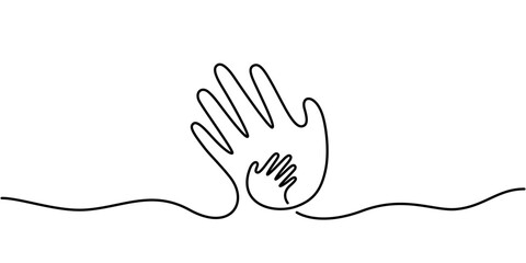Child hand in parent hand one line illustration