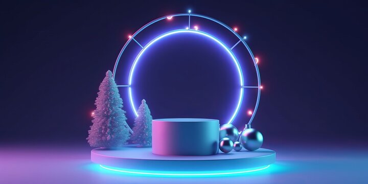 3d render, neon ring, empty stage podium and Christmas ornaments on blue background. Festive showcase for product presentation, Generative AI