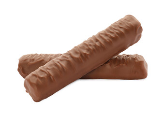 Sweet tasty chocolate bars on white background