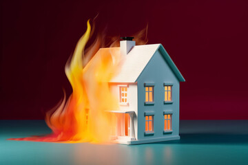 A model house on fire. Home property insurance. Generative ai