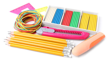 Many different school stationery isolated on white