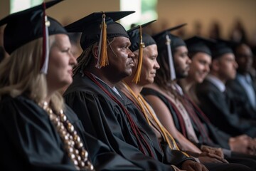 Obraz premium shot of a group of men and women sitting in the audience during graduation, created with generative ai