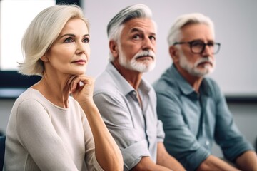 shot of a mature couple sitting and looking at their teacher during an adult education class, created with generative ai