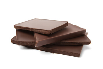 Pieces of tasty dark chocolate bar on isolated white