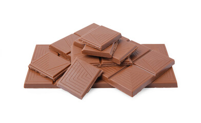 Pieces of delicious milk chocolate bars isolated on white