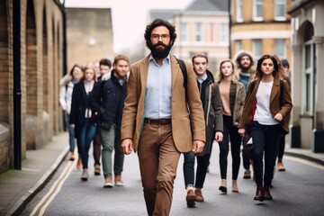 shot of a college lecturer walking into the shot with his students, created with generative ai