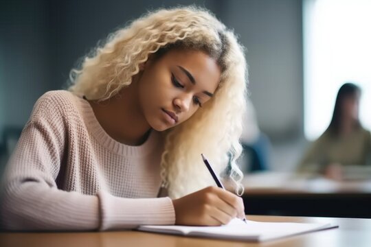 shot of a woman writing notes in class at university, created with generative ai