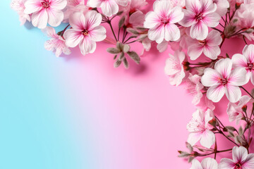 Naklejka na ściany i meble Spring cherry blossom flowers on pink background with copy space for text