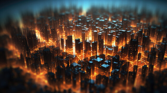 Aerial view of a glowing night city with light trails and a tilt-shift look