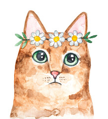 Watercolour illustration of beautiful cat with big green eyes wearing white and yellow daisy crown. Hand painted water color drawing on white background, cut out clipart element for design decoration.