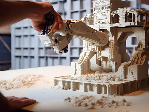 3D printing technology in construction, robotic arm constructing a building layer by layer using additive manufacturing techniques, Generated AI