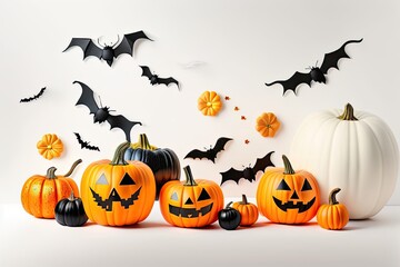 Halloween Holiday Background Decoration, White Backdrop Pumpkin and Bats Flat Lay. Generative AI