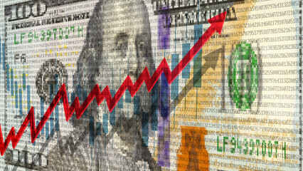 Vector 3D economic poster. Red upward arrow on the background of a pixelated mosaic of 100 dollars US banknote. Finance graph and many digits.