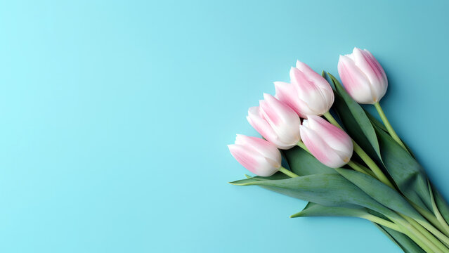 Bouquet of pink tulips on blue background with copy space