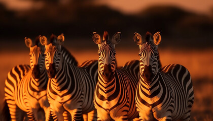 A herd of striped zebras standing in a row, grazing generated by AI