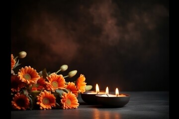 Burning candles and flowers on black background with space. Generative AI
