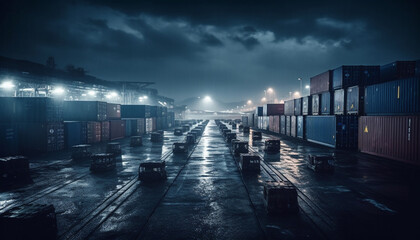 Obraz premium Industrial ship delivers cargo containers to commercial dock at dusk generated by AI