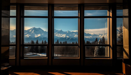 Looking through window, mountain range vanishing point, tranquil scene generated by AI