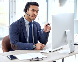 Call center, computer and business man, IT consultant or technical support agent talk, communication and advice. Helping, callcenter and solution of asian person on desktop for information technology