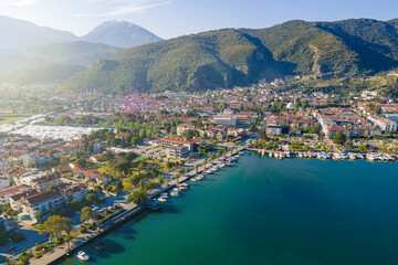 Resort town Fethiye in Turkiye on Aegean sea, aerial shot
