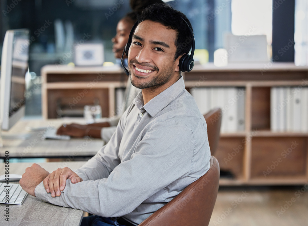 Wall mural Portrait, consultant and man with telemarketing, customer service and connection with advice, help or smile. Face, male person and employee with headphones, consulting and agent with tech support